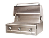 Artisan American Eagle 36-Inch 3-Burner Built-In Natural Gas Grill AAEP-36-NG showcasing the seamless welded hood and stainless steel burners.