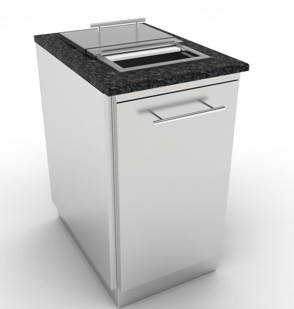 Sunstone 18" Trash Drawer Cabinet with removable counter rail and spacious design for optimal use.