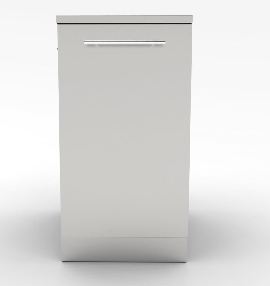 Sunstone's 18" Trash Drawer Cabinet w/Two Top Loading Bins, perfect for waste and recycling in your grilling space with a stylish brushed finish.