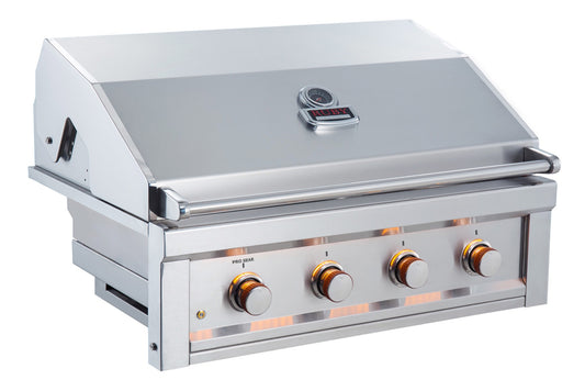 Sunstone Ruby 36" 4 Burner Pro-Sear Grill showcasing sleek all 304 stainless steel design and integrated Flame-Thrower Ignition system.