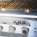 Close-up of the American Muscle Grill 54” with Multi-Fuel Tray System highlighting its durable stainless steel construction.