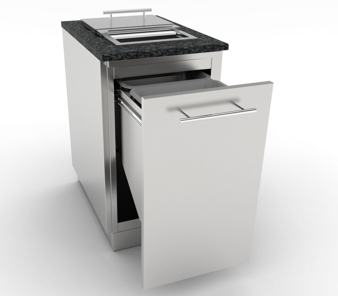 Sunstone 18" Trash Drawer Cabinet featuring two top loading bins for efficient waste management.
