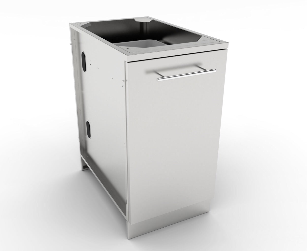 Sunstone 18" Trash Drawer Cabinet with Two Top Loading Bins, showcasing its sleek 304 stainless steel design and practical features for outdoor kitchens.