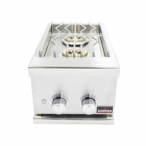 Bonfire Premium Double Side Burner showcased, featuring 304 stainless steel construction and blue LED control knobs for stylish outdoor cooking.