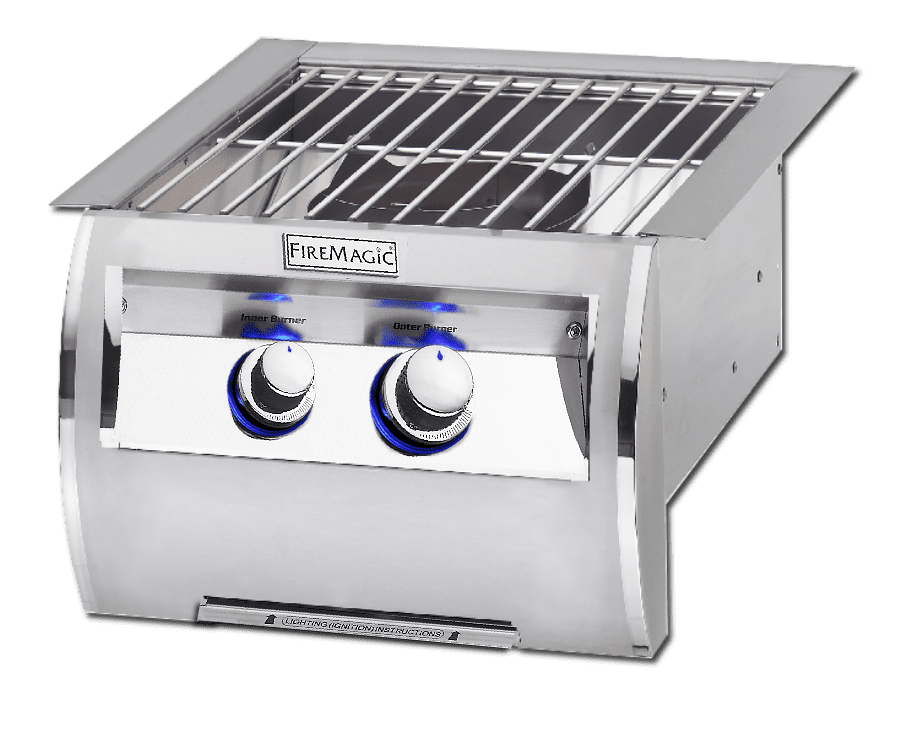 Close-up of Fire Magic Aurora Double Searing Station demonstrating Diamond Sear cooking grids for perfect grilling results.