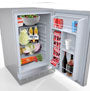 Sunstone Outdoor Rated Refrigerator displaying bright interior light and manual temperature control dial for energy-efficient cooling.