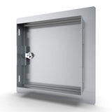 Sunstone Classic Series Flush Style 12” x 12” Single Utility Door showcasing its sleek design and stainless steel finish, perfect for outdoor plumbing and electrical access.