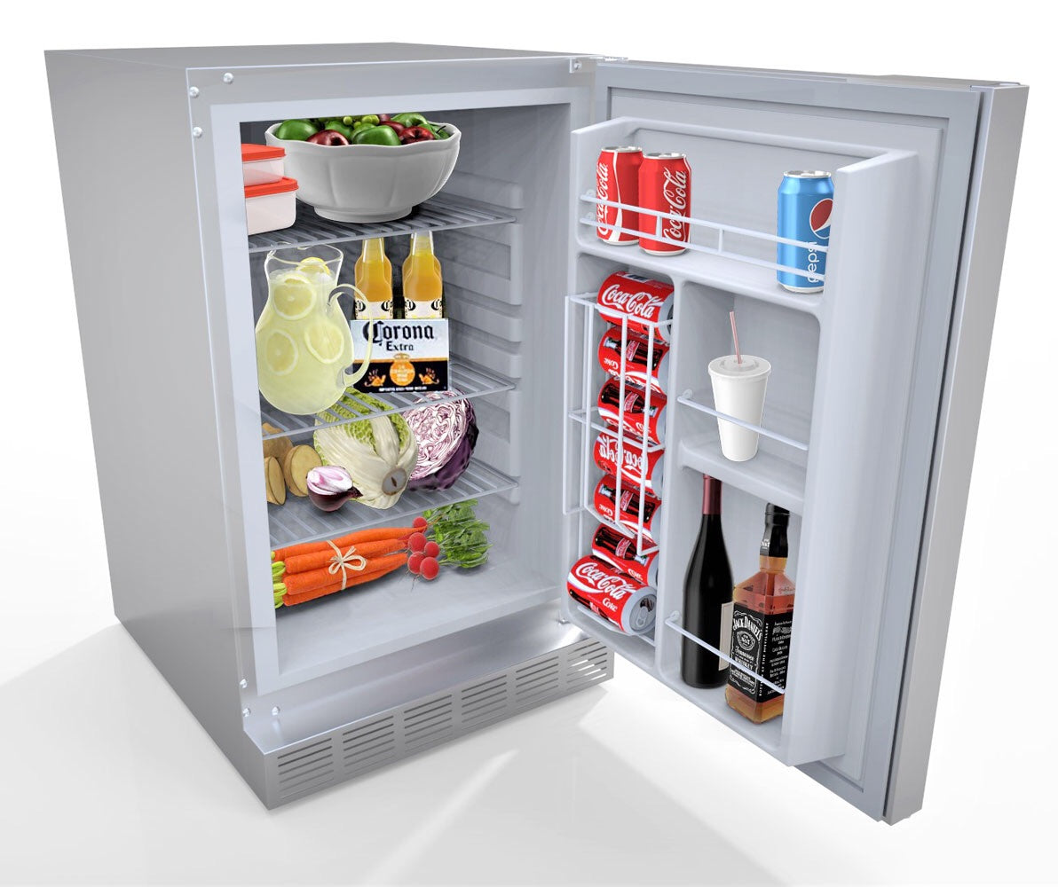 Sunstone Outdoor Rated Refrigerator features easy roll-along wheels for mobility and adjustable legs for perfect positioning.