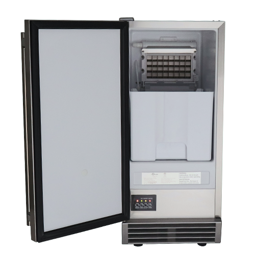 Close-up view of the RCS UL Rated Ice Maker highlighting the adjustable sized cubes feature for personalized ice.