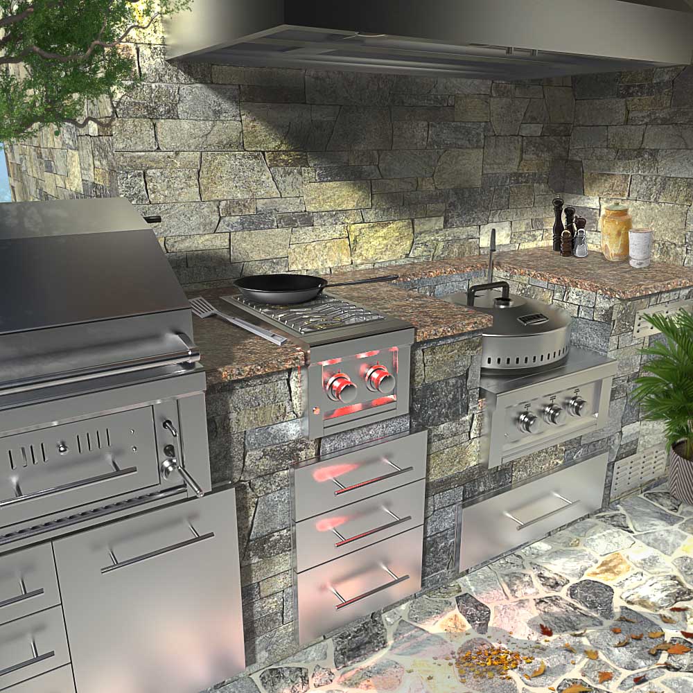 Sunstone Ruby Series 13" Slide-in Versa Double Burner installed in an outdoor kitchen, highlighting its versatility and modern features.