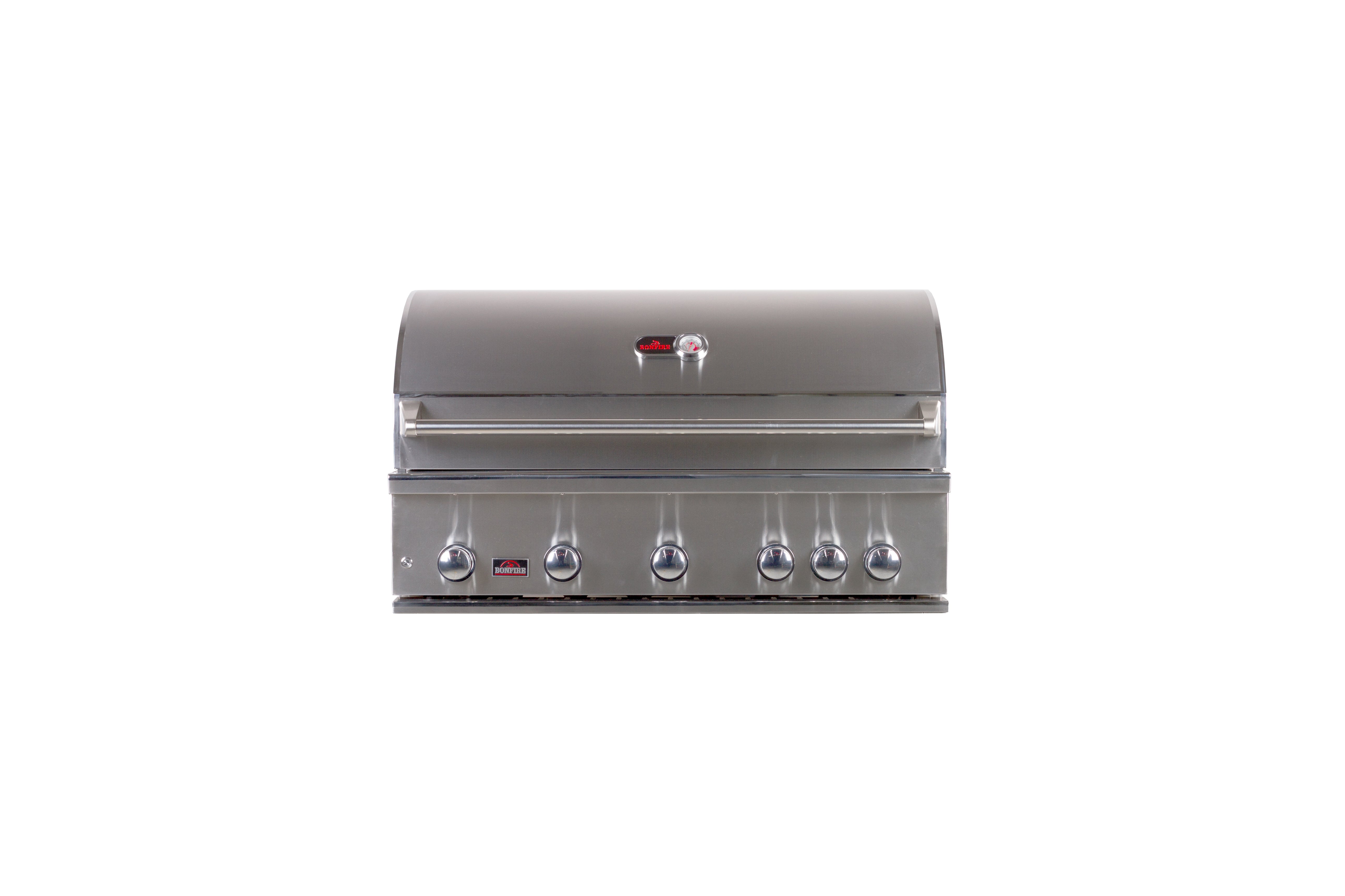 The BONFIRE Prime 500 42" 5 Burner Built-In Grill featuring a rotisserie kit and smoker box, perfect for outdoor cooking.