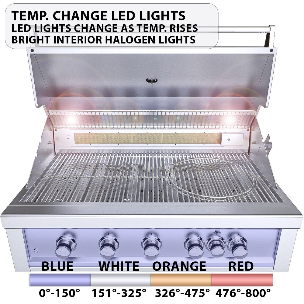 Sunstone Ruby 42" 5 Burner Built-In Grill w/IR Burner & Rotisserie Motor showing sleek stainless steel design.