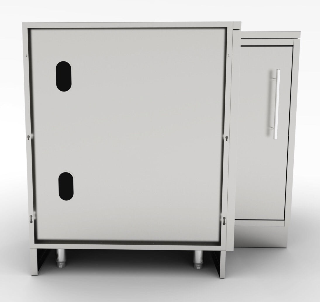 Sunstone 12"x12" Corner Cabinet with Swivel Shelves in an outdoor kitchen setting, demonstrating its functionality and modern appeal.