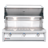 Close-up of RCS American Renaissance Drop-In Grill 42" stainless steel U-shaped burners providing 25000 BTUs for powerful grilling.