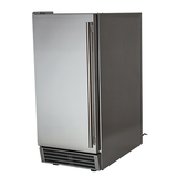 RCS UL Rated Ice Maker showcasing its sleek stainless steel design and reversible hinge for outdoor use.