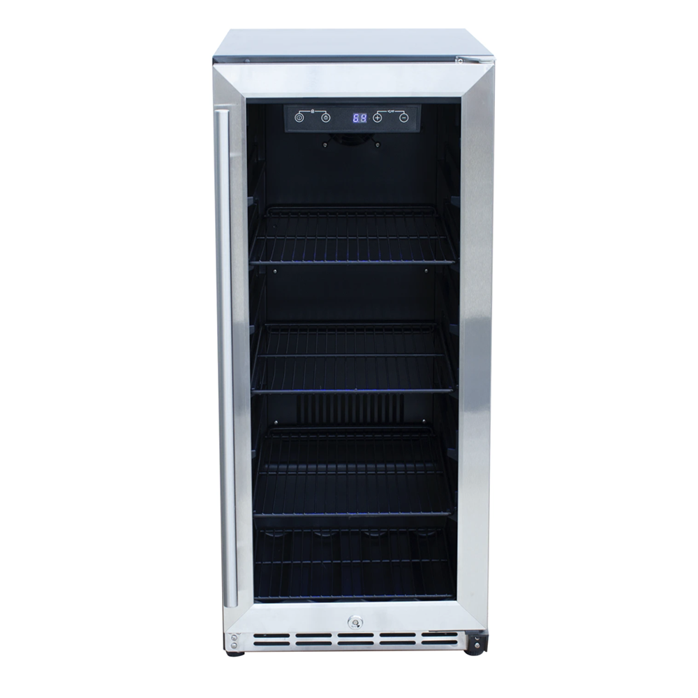 15" Stainless Steel Outdoor Refrigerator by RCS with glass window showcasing the interior space.