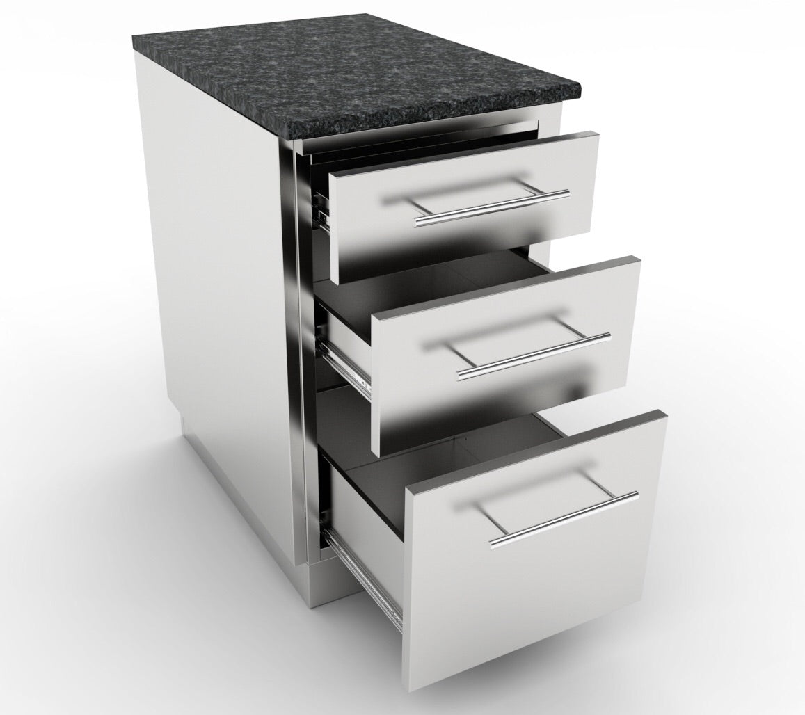 Sunstone Triple Drawer Base Cabinet showcasing spacious soft-closing drawers, perfect for storing BBQ tools and cutlery.