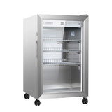 Equator Advanced Appliances OR230 Outdoor Refrigerator showcasing sleek stainless steel design, perfect for outdoor patios and bars, featuring electronic temperature control, auto defrost, and locking casters.