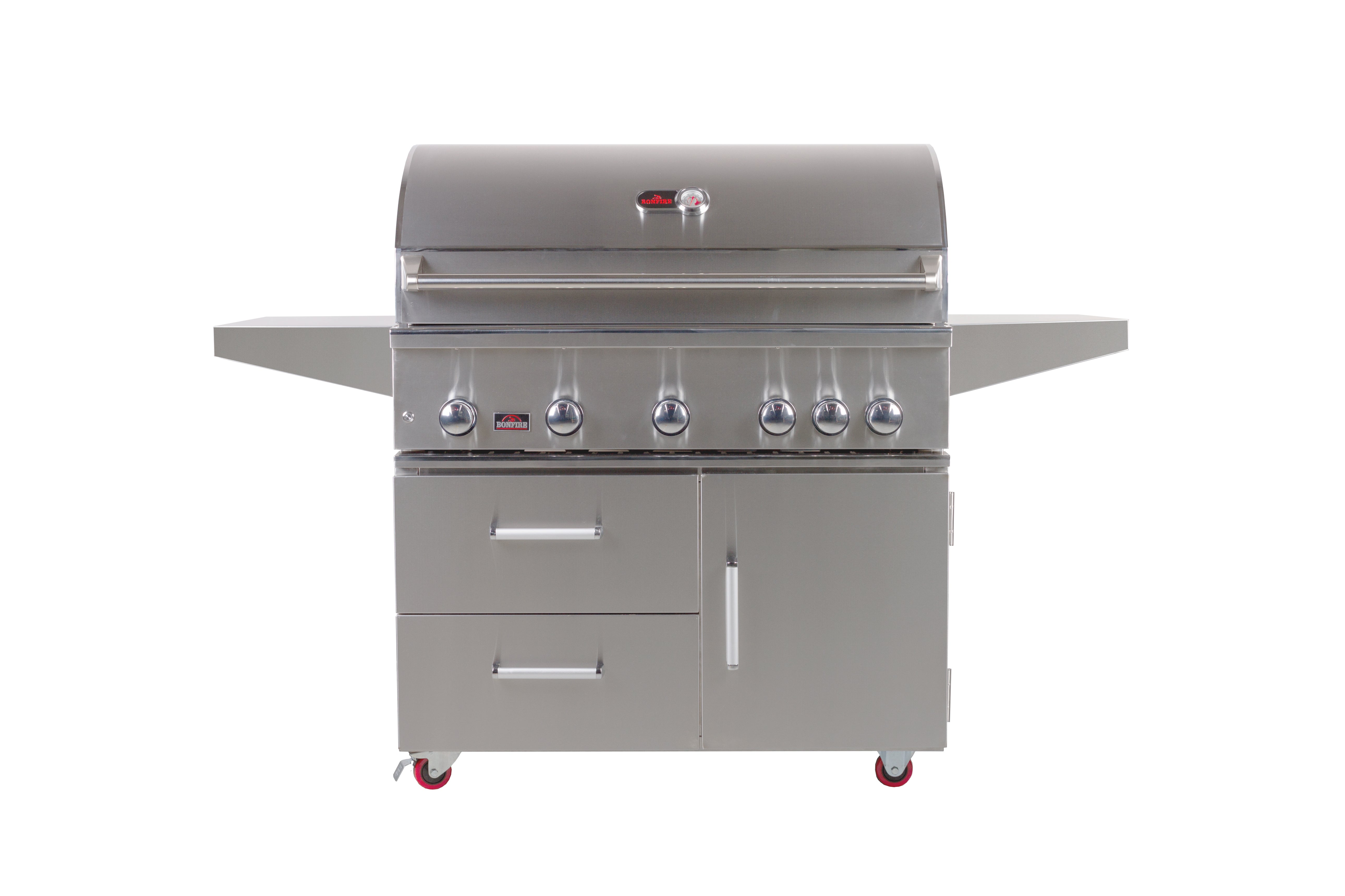 Bonfire Whistler 500 Prime Grill Cart 42" - A high-end stainless steel gas grill by Bonfire, featuring five burners, ample storage, and an elegant design, perfect for outdoor cooking.