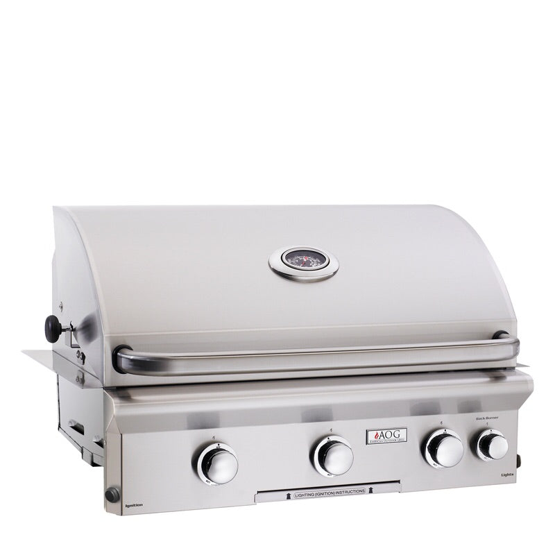 AOG 30-inch L Series Gas Drop-in Grill showcasing its sleek stainless steel design and advanced features, perfect for outdoor cooking.