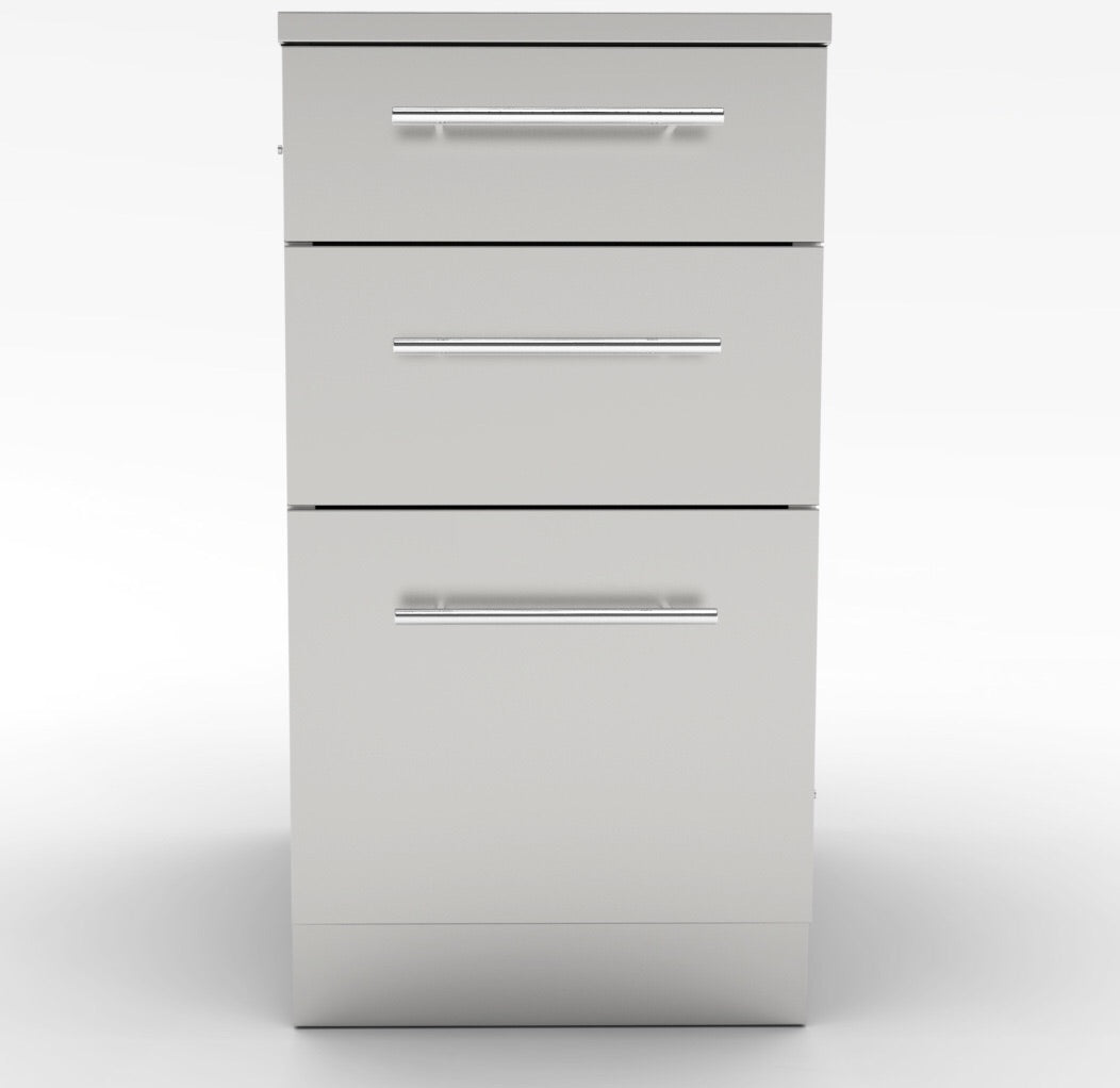 Detailed view of Sunstone Triple Drawer Base Cabinet with a sleek 304 stainless steel finish and large rod handles.