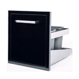 Bonfire Trash Can 16.5" x 22" fitted in an outdoor kitchen, highlighting its sleek design and functional features.
