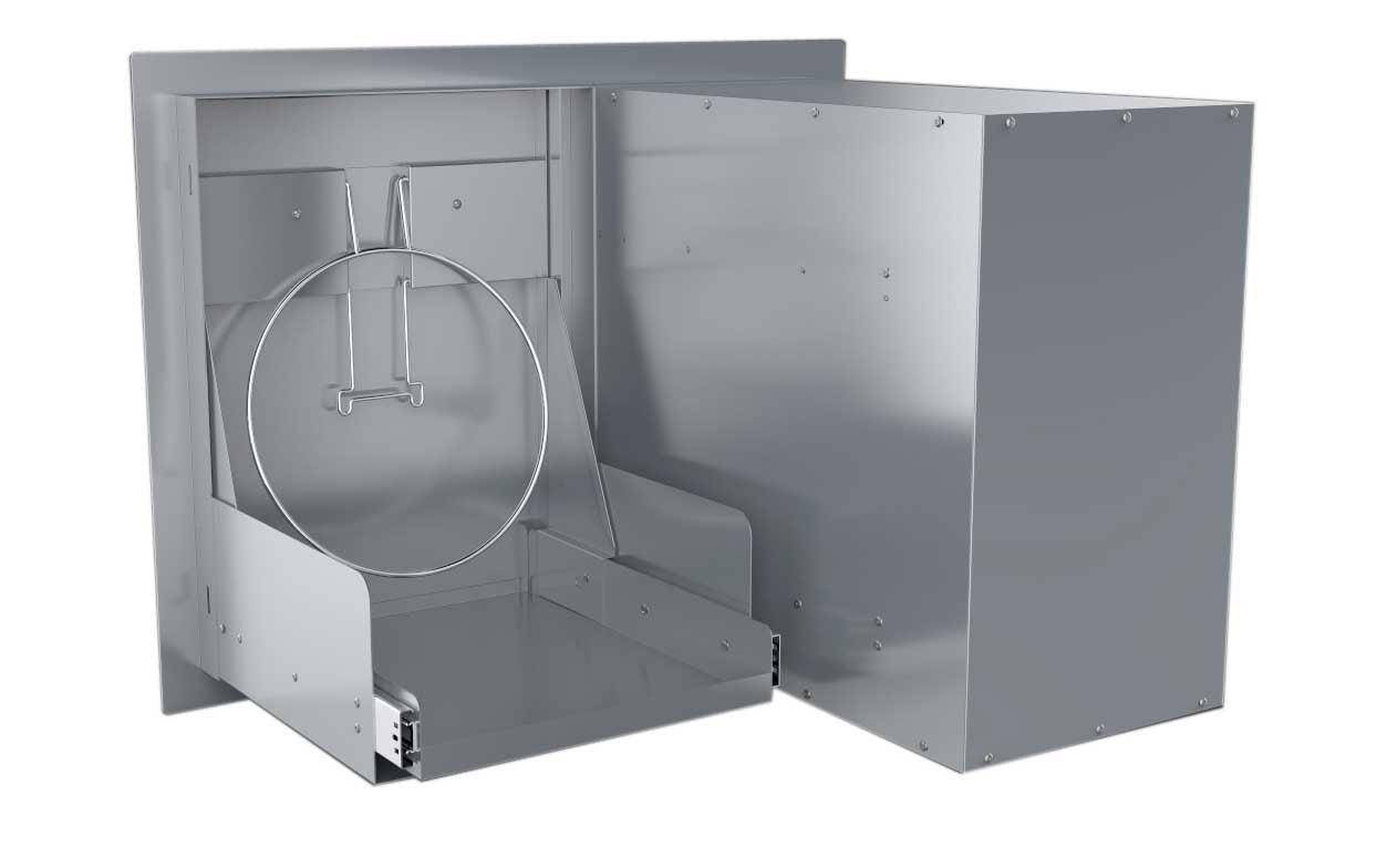 Functional design of Sunstone Classic Series 30” Tank Tray featuring slide-out tray for trash bags and easy access.