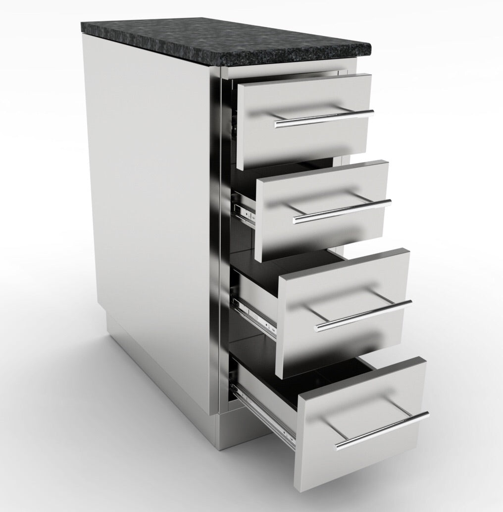 Sunstone 12" 4 Multi-Drawer Base Cabinet with stainless steel construction, perfect for outdoor kitchens.