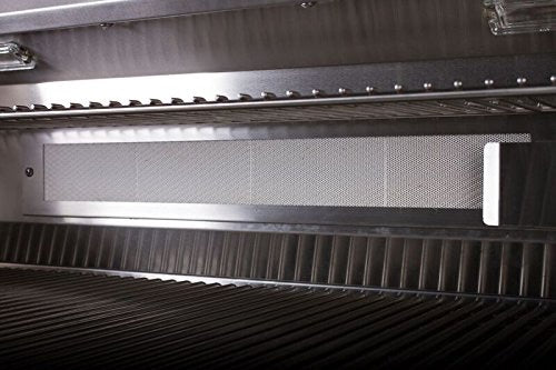 Inside view of the BONFIRE Prime 500 42" 5 Burner Built-In Grill featuring cast stainless steel burners and halogen interior lights, ideal for evening barbecues.