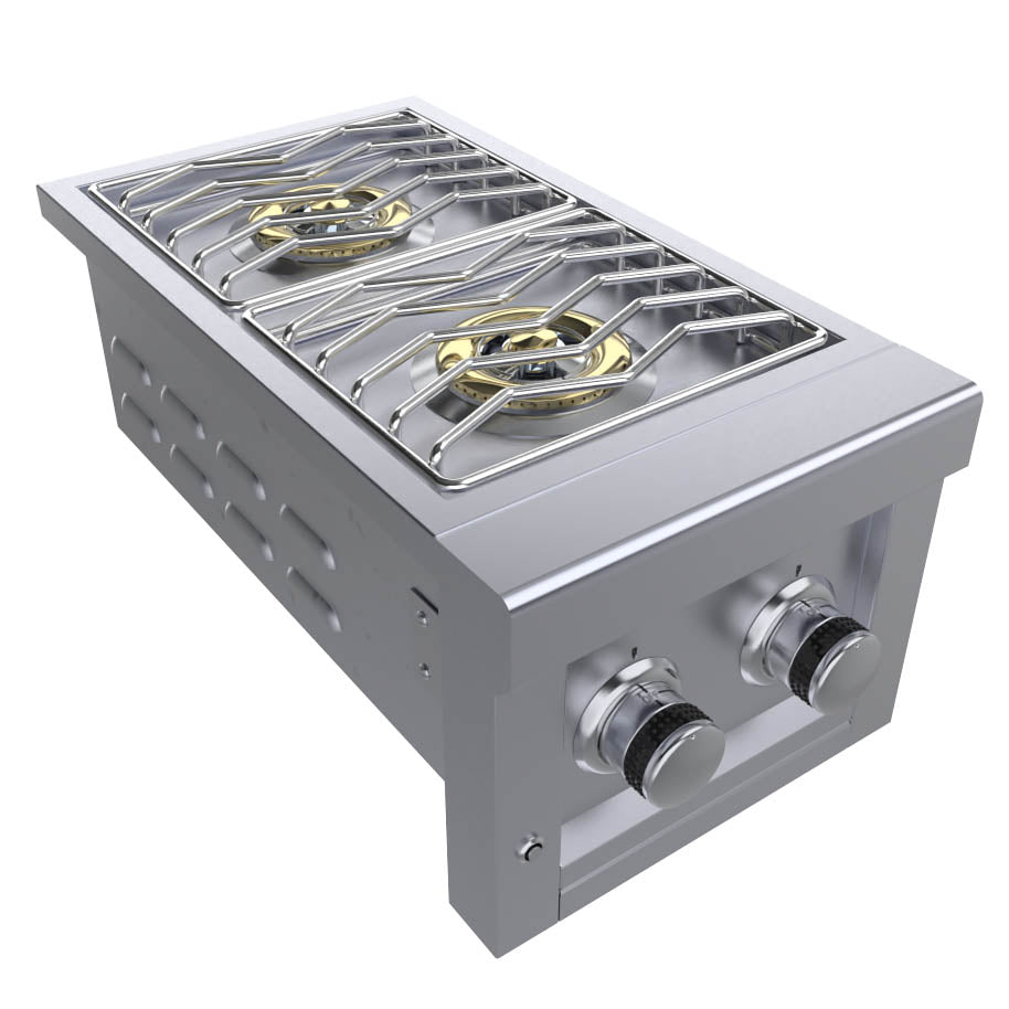 Close-up view of Sunstone Ruby Series 13" Slide-in Versa Double Burner demonstrating the powerful 15,000 BTU burners and piezo ignition.