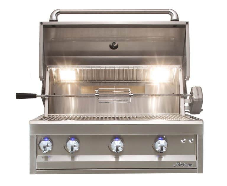 Artisan Professional 3-Burner 32" Built-In Grill with Rotisserie Kit showcasing its sleek design and premium materials.