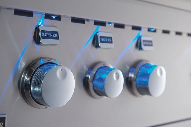Features of Broilmaster Built-In Stainless Steel Gas Grill 26" including LED control panel lights.
