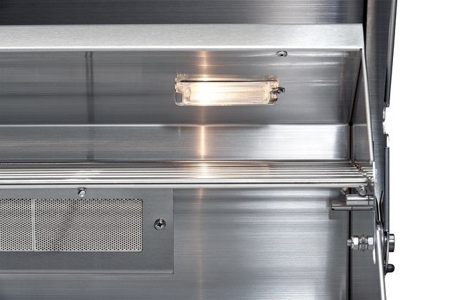 Broilmaster Built-In Stainless Steel Gas Grill 26" with LED control panel lights for nighttime grilling.