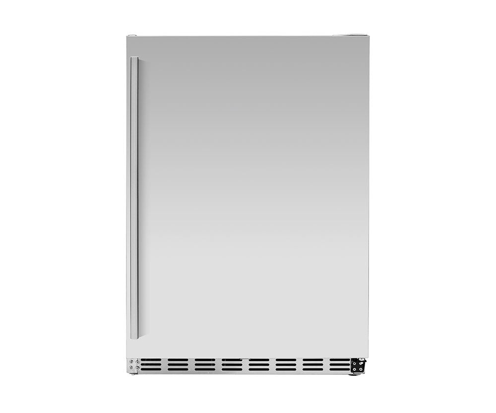 Summerset 24" 5.3c Outdoor Rated Refrigerator side view showcasing sleek stainless steel design.