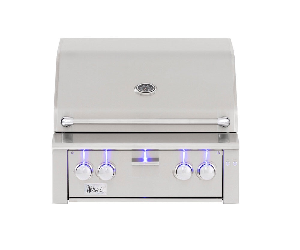 Summerset Alturi 30" Built-in Grill showcasing cast red brass main burners and rotisserie back burner for outdoor grilling luxury.