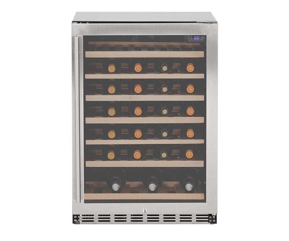 Summerset 24" 5.3c Deluxe Outdoor Rated Wine Cooler showcasing its sleek #304 stainless steel design and tinted glass door, perfect for outdoor entertaining.
