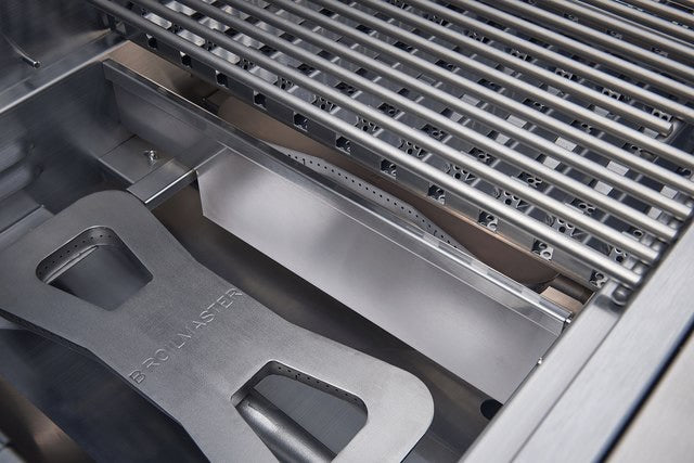 Broilmaster Built-In Stainless Steel Gas Grill 26" with warming rack and sleek design.