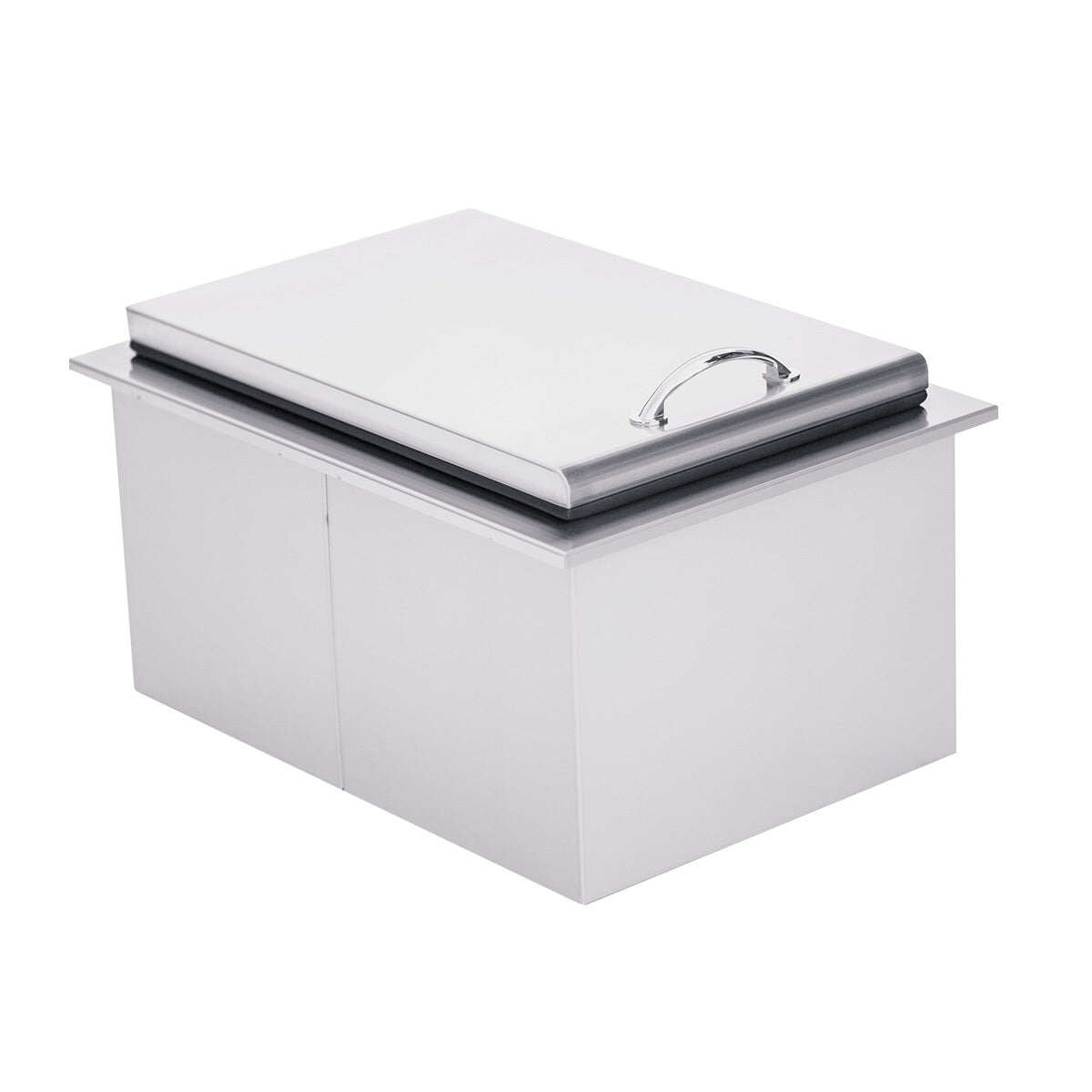 Summerset Drop-in Cooler displayed in use, filled with ice, demonstrating its 20lb capacity in a backyard setting.