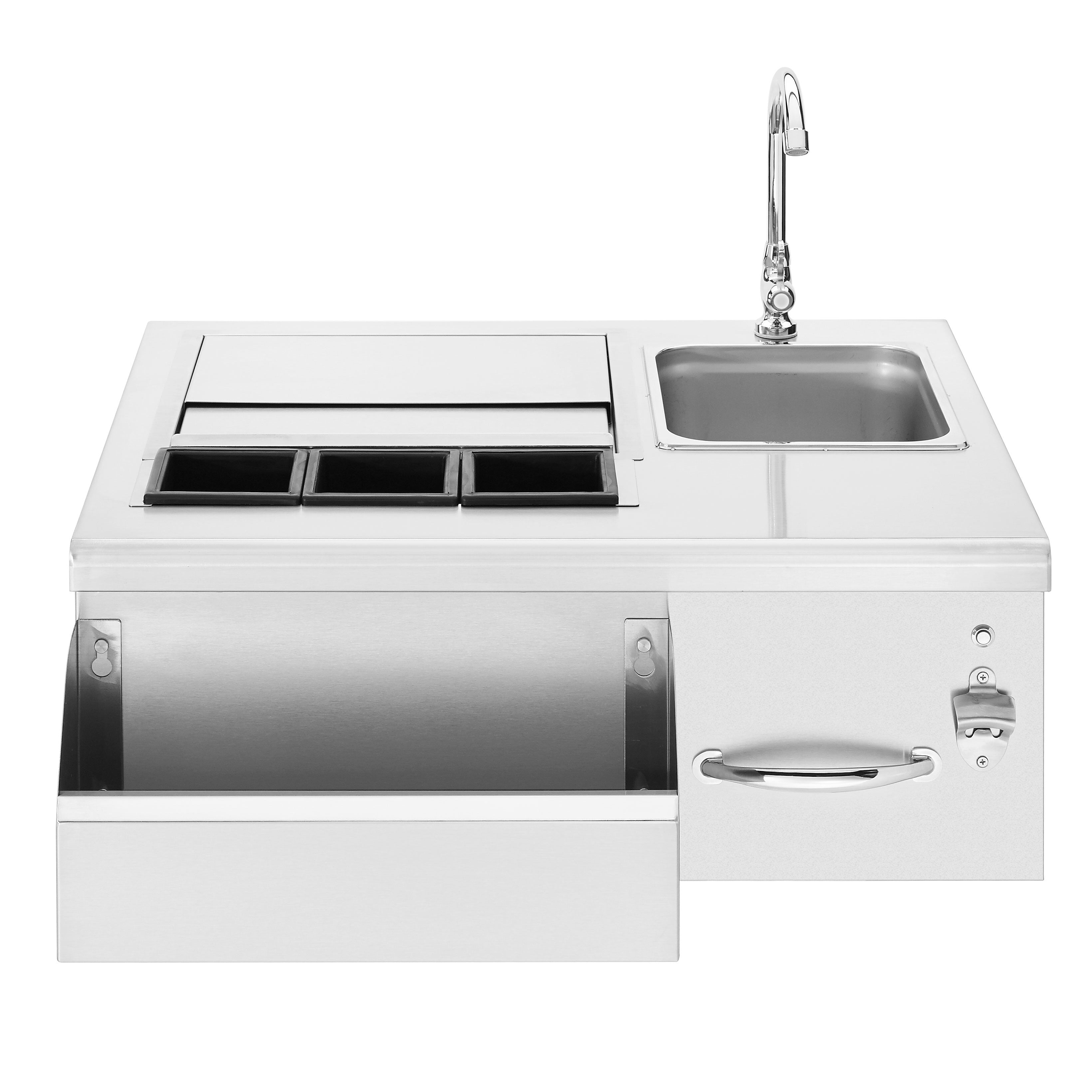 Summerset 30 inch Beverage & Prep Station with LED Illumination featuring an ice compartment, sink, and built-in bottle opener in a stylish outdoor kitchen setup.
