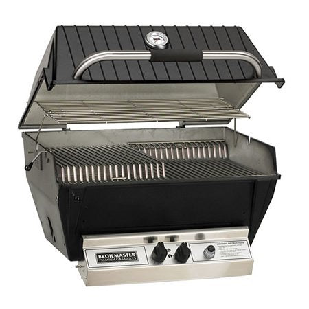 Broilmaster P3SX Grill showcasing its stainless steel construction, featuring two-piece three-level cooking grids and adjustable lid stop.