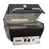 Broilmaster P3SX Grill showcasing its stainless steel construction, featuring two-piece three-level cooking grids and adjustable lid stop.