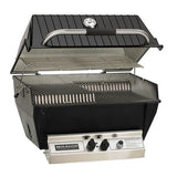 Broilmaster P3SX Grill showcasing its stainless steel construction, featuring two-piece three-level cooking grids and adjustable lid stop.