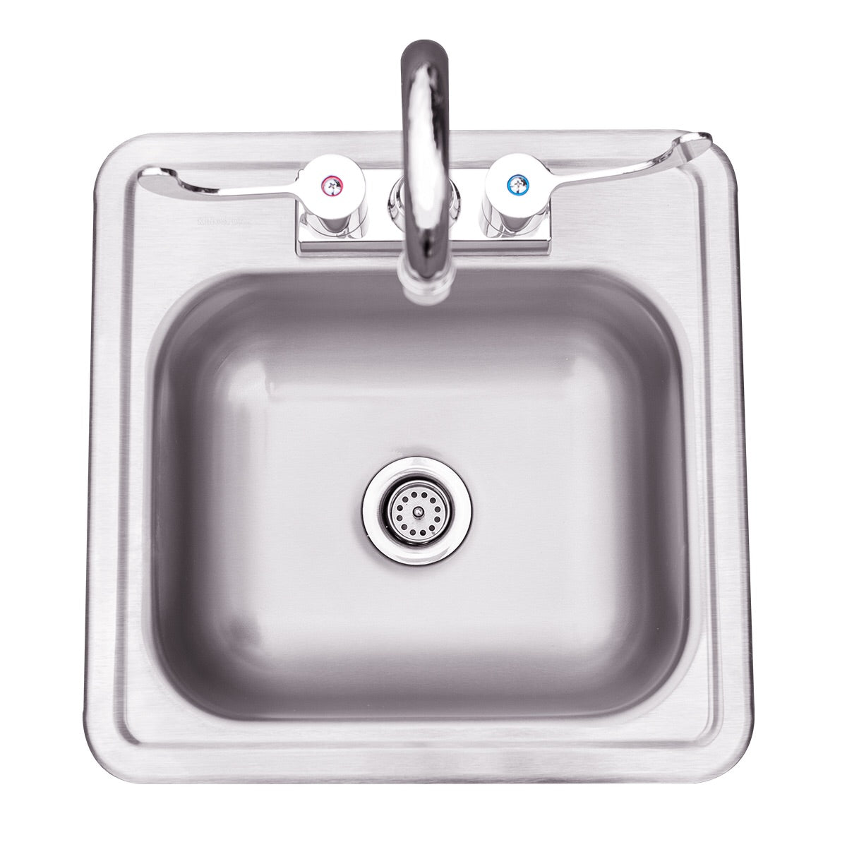 Close-up of the Summerset 15 x 15 drop-in sink's chrome faucet and double handle valve.