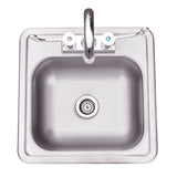 Close-up of the Summerset 15 x 15 drop-in sink's chrome faucet and double handle valve.