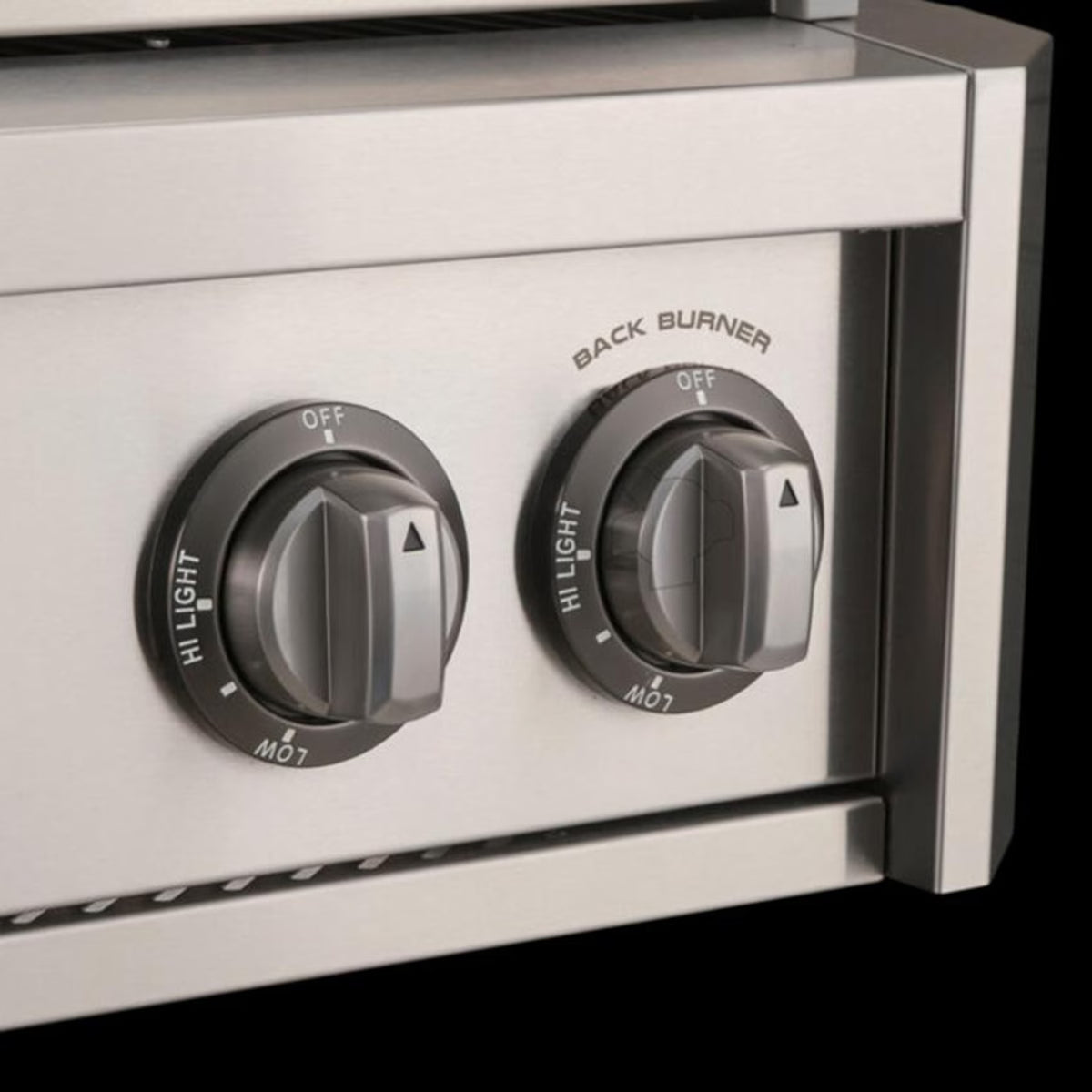Close-up of two stainless steel control knobs on an American Outdoor Grill, including the back burner control with off, high, and low settings