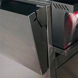 Angled close-up of TrueFlame 32-inch deluxe stainless steel grill cart