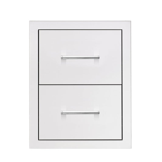 TrueFlame 17-inch stainless steel double access drawer, front view with horizontal bar handles for outdoor kitchen