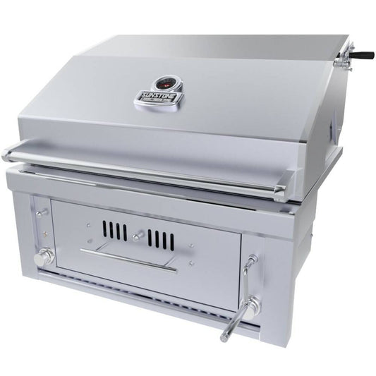 Sunstone® Series 30” Hybrid Gas/Charcoal/Wood Built-In Grill showcasing its sleek stainless steel design and versatile cooking options.