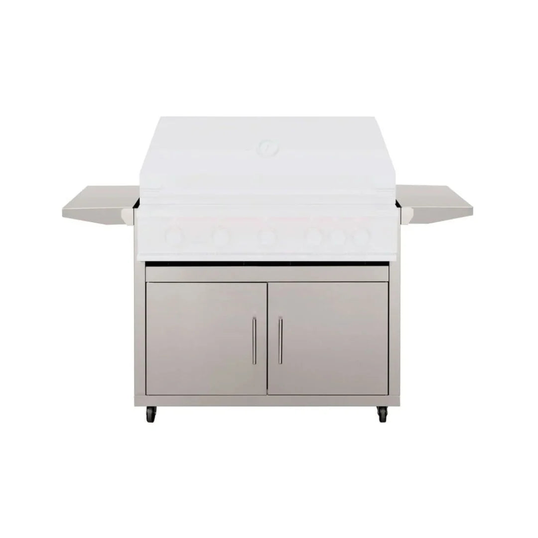 TrueFlame stainless steel outdoor grill cart with lid and doors closed