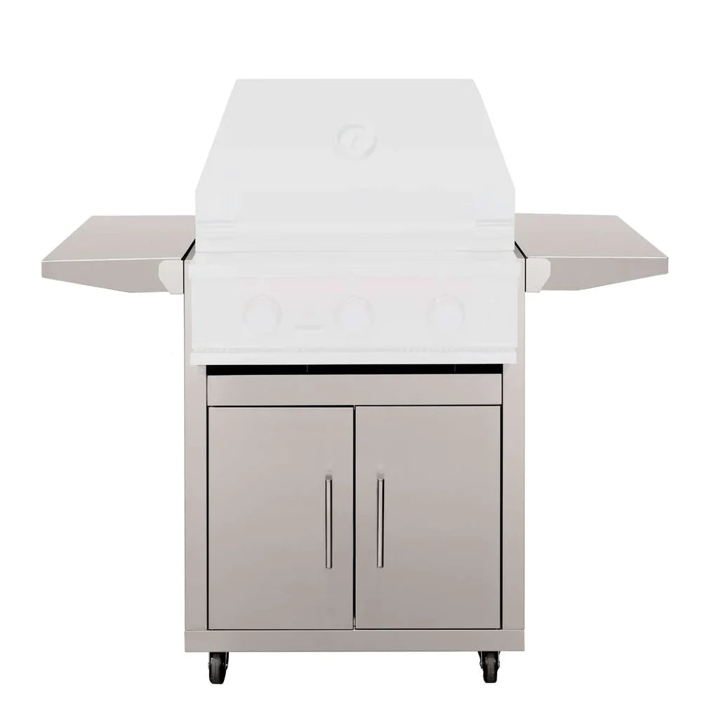 TrueFlame stainless steel freestanding grill cart with lid open